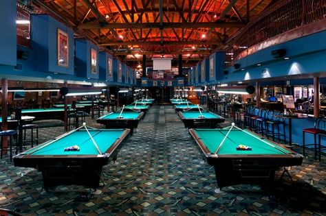 I could hang out in this pool hall a while! Pool Hall Ideas, Billiard Room Design, Sport Bar Design, Billiards Bar, Snooker Room, Billiards Room, Pool Hall, Pool Halls, Drink Photography