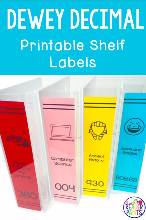 These Dewey Decimal System labels are printable! Use old textbooks or acrylic file holders to label your library shelves beautifully! Home Library Labels, School Library Signs, Library Dewey Decimal Signs, Library Shelves Ideas, Teaching Dewey Decimal System School Libraries, Dewey Decimal System Library Display, Library Labels Shelves, Shelf Markers For Library Diy, Elementary Library Organization