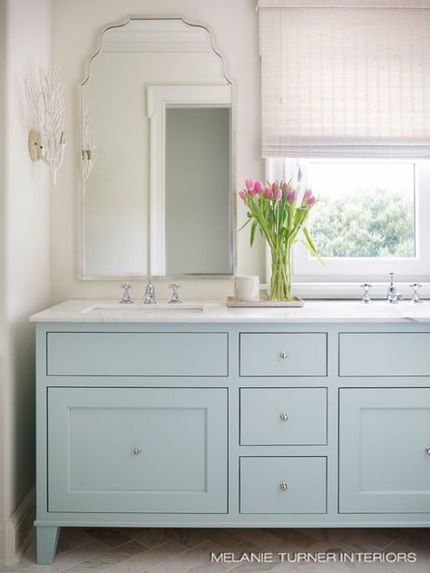 Transitional Style Interior Design 51 Bathroom Vanity Blue, Melanie Turner, Melanie Turner Interiors, Color Cabinets, Light Blue Bathroom, Downstairs Bedroom, Blue Bathroom Vanity, Bedroom Beautiful, Blue Vanity