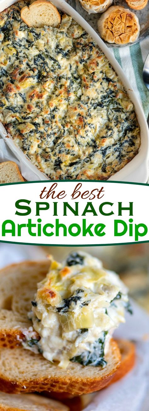 Spinach Artichoke Dip is impossible to resist and ready to go in just about 30 minutes. Fresh from the oven, it's creamy, cheesy goodness is best served with chips, toasted baguette slices or celery sticks. It's an easy and delicious dip that is perfect for gatherings, BBQs or game day. // Mom On Timeout #recipe #appetizer #artichoke #spinach #cheese #dip #gameday #easy #baked Toasted Baguette Slices, Spinach Cheese Dip, Best Spinach Artichoke Dip, Baguette Slices, Toasted Baguette, Spinach Artichoke Dip Recipe, Mom On Timeout, Celery Sticks, Spinach Cheese