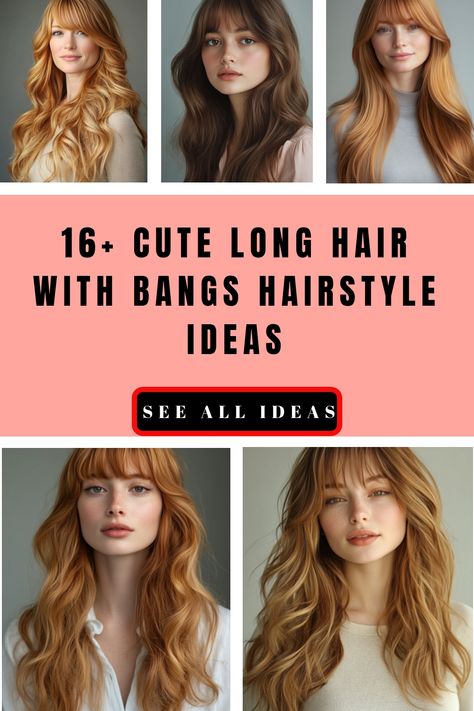 Compilation of long hairstyles with bangs featuring a variety of styles on women with red and brown hair. Hair Styles For Long Hair Length With Bangs, Long Layers With Bangs Haircut, Hairstyle Long Hair With Bangs, Long Hair And Bangs Hairstyles, Hair Styles With Long Bangs, Layered Bangs Long Hair, Long Hair W Bangs, Long Hair Bangs Hairstyles, Straight Long Hair With Bangs