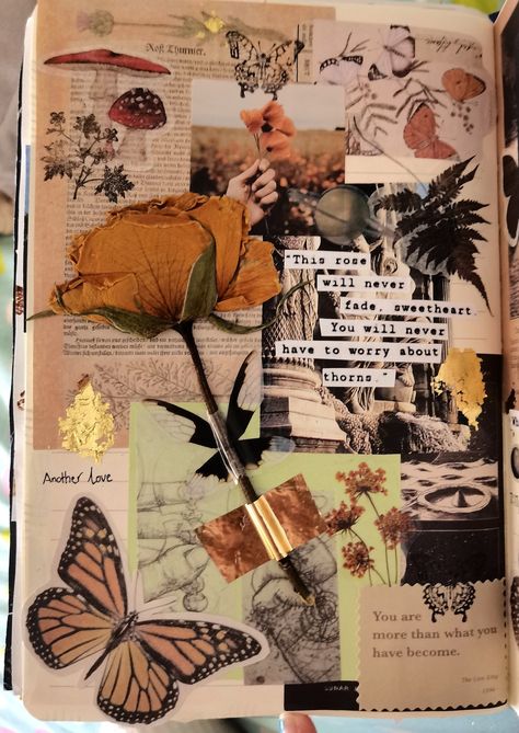 Burnt Orange theme journal page idea with butterfly stickers, pressed rose pressed flowers on vintage paper. Vintage themed with gold accents and mushroom stickers. This rose will never fade, sweetheart. You will never have to worry about thorns Orange Theme Journal, Vincent Van Gogh Aesthetic, Van Gogh Aesthetic, Theme Journal, Mushroom Stickers, Burnt Paper, Orange Theme, Butterfly Stickers, Orange Butterfly