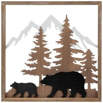 Dimensions: 15.75" H x 15.75" W x 1" D Material: MDF Shape: Square Color: Brown, White & Black Orientation: Vertical Includes: 2 Sawtooth Hangers Quantity: 1 Incorporate nature-like accent pieces when you decorate with this Framed Bears Wood Wall Decor! This open designed woodland art piece features two cut-out wooden black bears in a trotting stance. Behind the bears is a lovely cut-out white mountain scene with brown trees. Display this piece in a nursery to invoke a calming atmosphere! Mountain Party Decor, Mountain Nursery Decor, Bear Party Decorations, Baby Boy Nursery Room Design, Log Pillow, Moose Nursery, Woodland Artwork, Bear Nursery Art, Black Bear Decor