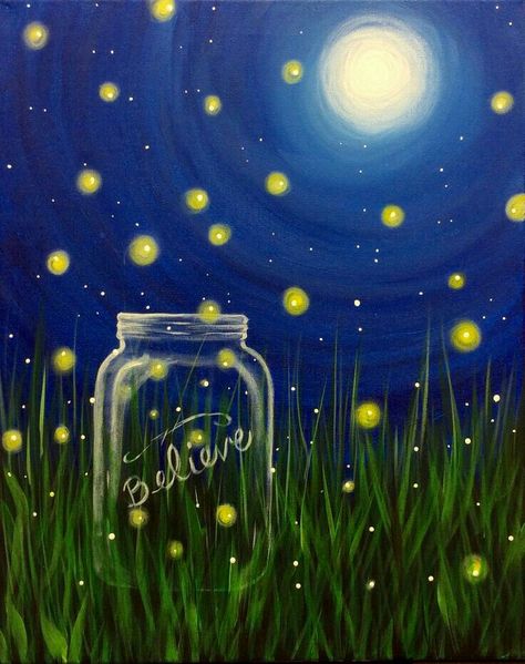 Starry Night Fireflies Rainbarrell Ideas, Firefly Painting, Drawing Hair, Painting Party, Paint Night, Easy Canvas Painting, Painting Ideas On Canvas, Canvas Painting Diy, Paint And Sip