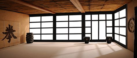 Dojo Aesthetic, Dojang Design, Japanese Dojo, Dojo Design, Shipping Container Swimming Pool, Dojo Ideas, Karate Dojo, Japanese Style House, Chinese Interior