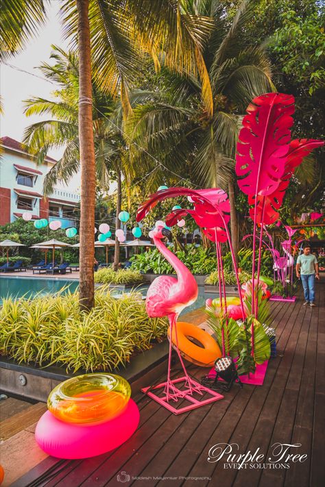 Havana Pool Party Theme, Flamingo Theme Decor, Brentwood Oasis, Havana Theme, Prism Decor, Rio Party, Wood Ceiling Panels, Flamingo Party Decor, Sunset Party