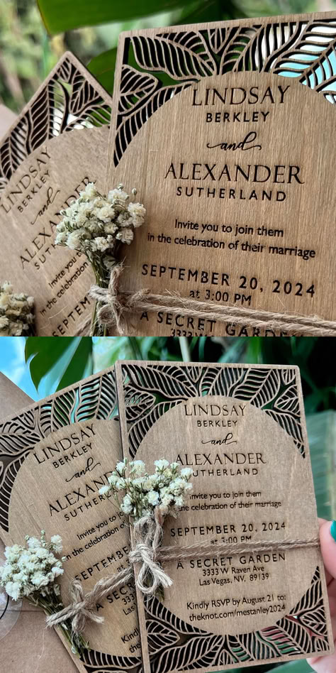 Laser Printing On Wood, Wood Invitation Wedding, Wedding Laser Engraving Ideas, Wedding Laser Ideas, Glowforge Wedding Projects, Laser Wedding Ideas, Wedding Laser Cut Ideas, Laser Invitations, Unique Invitation Ideas