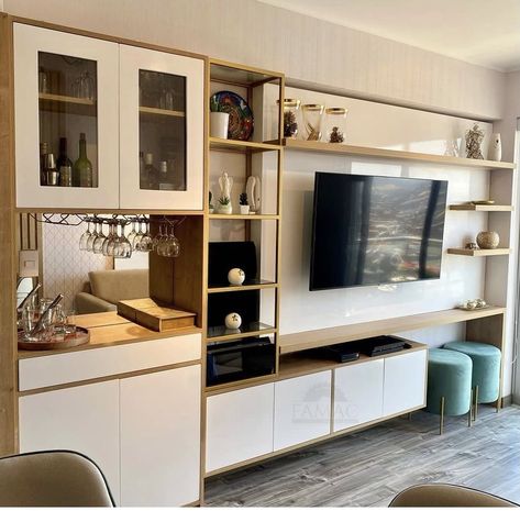 Tv Unit With Coffee Corner, Tv Wall With Bar, Tv In Living Room Ideas, Built In Bar Cabinet, Living Area Interior, Built In Tv Unit, Centro Tv, Built In Tv Wall Unit, Bar Makeover