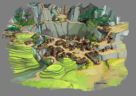 Tent Village Concept Art, Chinese Village Concept Art, Chinese Village Illustration, Bamboo Village, Sky Temple, Chinese Village, Cheerful Art, Fantasy Village, Japanese Village