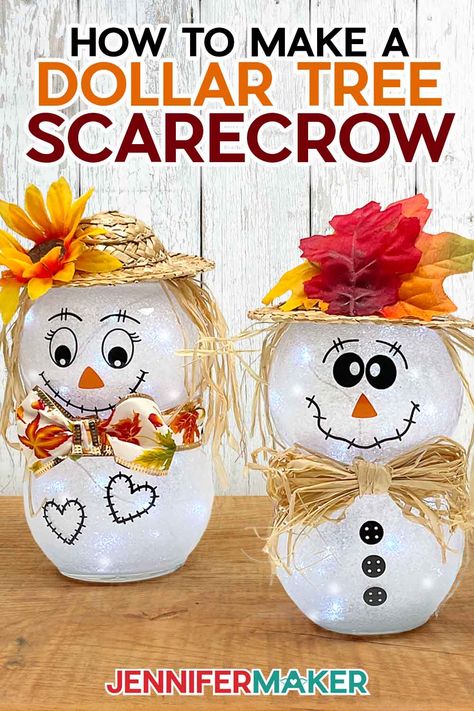 Learn how to make a Dollar Tree scarecrow under $10! Two adorable light-up scarecrow crafts sit on a wooden table. Each has an autumn hat, cute accessories, and different vinyl faces and details. Dollar Tree Scarecrow, Fall Decor On A Budget, Autumn Projects, Diy Scarecrow, Jennifer Maker, Autumn Hat, Scarecrow Crafts, Diy Fall Decor, Bowl Ideas