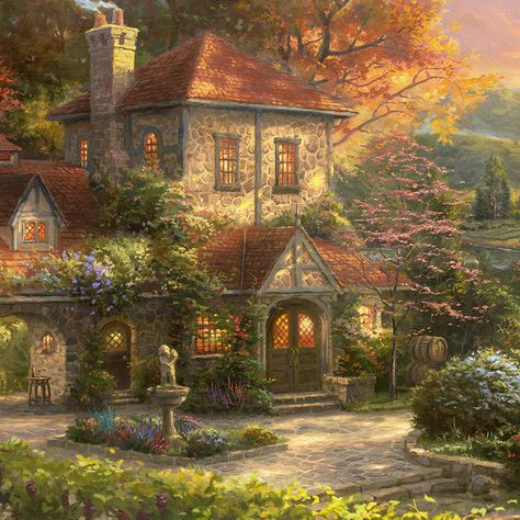 Fairy Witch Cottagecore, Witch Cottagecore, Thomas Kinkade Art, Thomas Kinkade Paintings, Kinkade Paintings, Rumah Minecraft Sederhana, Fairy Witch, Cottagecore Vibes, My Fantasy World