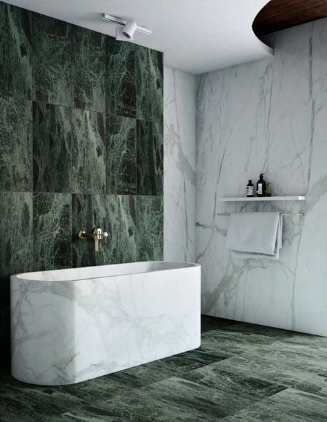 Verde Alpi Bathroom | Artistic Tile Spa In Casa, Green Marble Bathroom, Marble Tub, Caravan Renovation, Spa Interior, Luxury Tile, Artistic Tile, Stone Bathroom, Tile Showroom