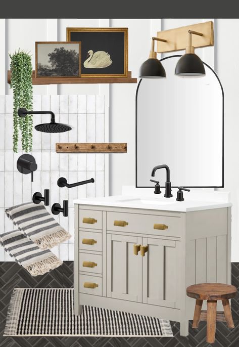 It is supposed to be personal and relaxing. There are so many trends for the bathroom to consider when you are making your purchase. Half Bathroom Mid Century Modern, Rustic Neutral Bathroom, Bathroom Modern Vintage, Neutral Bathroom Cabinets, Bathroom With Dark Accents, Modern Vintage Small Bathroom, Social Bathroom Ideas, Powder Bathroom Mood Board, Modern Farmhouse Finishes