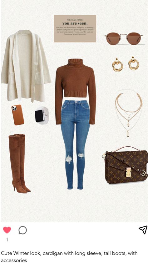 Cute Winter look, cardigan with long sleeve, tall boots, with accessories Look Cardigan, Cardigan Outfit, Fall 24, Cardigan Outfits, Boots Heels, Fit Inspo, Winter Looks, Tall Boots, Fitness Inspo