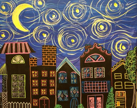 Cityscape Art For Kids, Kid Painting, City Scape Painting, Multiplication Tricks, Wine And Painting Party, Art Rooms, Skyline Artwork, Art Education Projects, Scandi Art