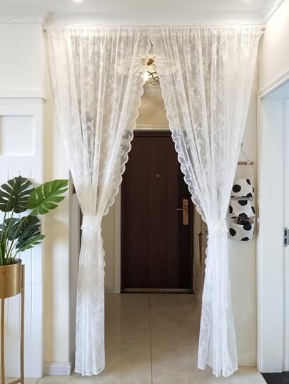 Front Door Curtain Victorian, White Curtains Wallpaper, Sheer Curtains For Front Door, Drapes Around Door, Lace Curtains Target, Lace Front Door Curtain, Elegant Door Curtain, White Lace Curtains Kohl's, French Doors With Sheer Curtains