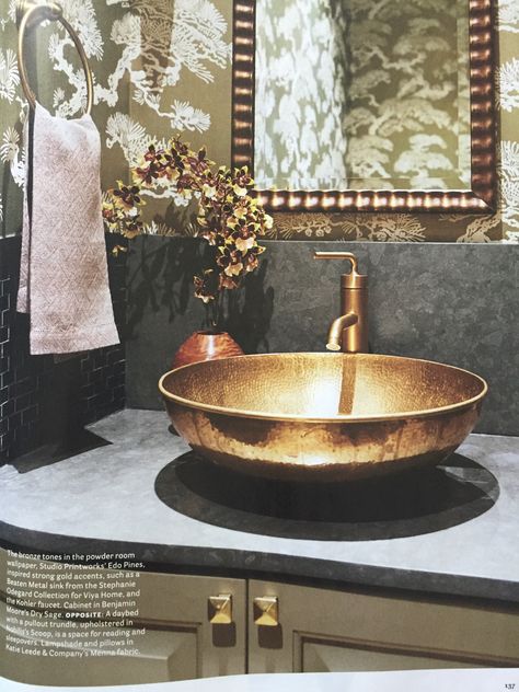 Brass | Caitlin Moran Wash Basin Design, Modern Pedestal Sink, Wallpaper Design For Bedroom, Powder Room Wallpaper, Metal Sink, House Beautiful Magazine, Washbasin Design, Turkish Tiles, Basin Design