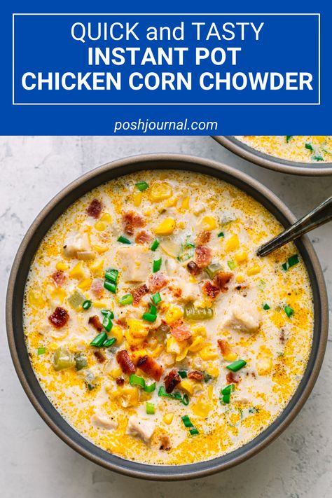 This Instant Pot Chicken Corn Chowder is absolutely tasty! The soup has the perfect balance of creaminess. It's so rich but not heavy. It also has the right amount of sweetness and saltiness. It's both filling and satisfying. #instantpot #instantpotrecipes #chickenchowder #cornchowder #chickencornchowder #chowder #soup #instantpotsoup Corn Chowder Instant Pot, Creamy Chicken Corn Chowder, Chicken Corn Chowder Recipe, Corn Chowder Soup, Chicken Corn Soup, Chicken Chowder, Potato Corn Chowder, Chicken Corn Chowder, Corn Chicken