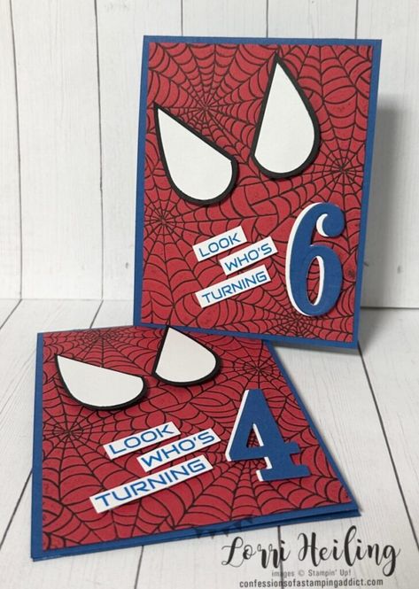 Spiderman Birthday Cards - Confessions of a Stamping Addict Spiderman Cards, Happy Birthday Spiderman, Birthday Cards For Kids, Stampin Up Birthday Cards, Marvel Cards, Diy Card Ideas, Birthday Cards For Boys, Boy Cards, Spiderman Birthday