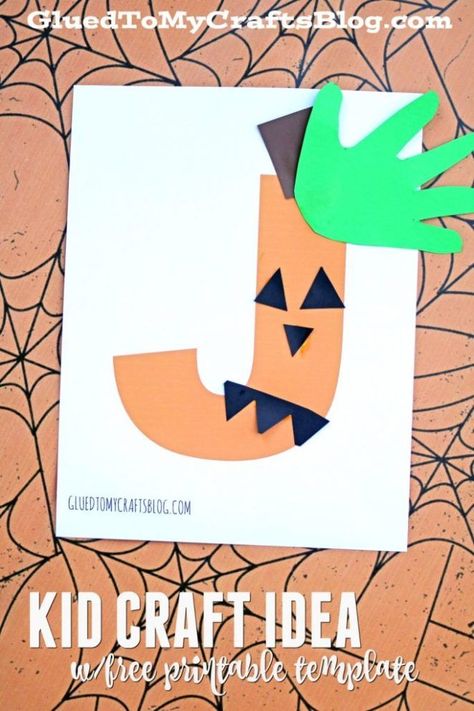 Jack-o-lantern Kid Craft Idea w/free printable template Letter J Crafts For Kindergarten, J Is For Jack O Lantern Preschool, Preschool Letter J Crafts, J Crafts For Preschoolers, Letter J Craft, J Activities, Letter J Activities, Letter J Crafts, Preschool Letter Crafts