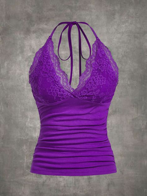 Morado Violeta Elegante Collar  Tela tejida Liso Halter Embellished Elástico Ligero Top Violeta, Purple Halter Top, Punk Top, Lace Halter Top, Womens Halter Tops, Pub Crawl, Women Tank Tops, Violet Purple, Purple Shirt