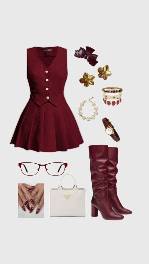 Outfit inspiration, outfit ideas, red velvet cake, dark feminine aesthetic, aura, office siren Burgundy Preppy Outfit, Red Feminine Outfit, Red Statement Outfit, Christmas Day Outfit Ideas For Women, Lovergirl Aesthetic Outfits, Red Outfit Layout, Wanda Maximoff Outfit Inspiration, Elegant Red Outfit, Classic Aesthetic Outfits