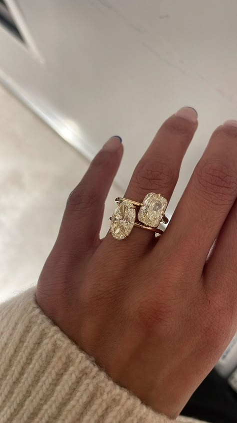 Yellow Wedding Rings Diamonds, Wedding Rings Yellow Diamond, Pale Yellow Diamond Engagement Ring, Two Ring Engagement Ring, Yellow Engagement Rings Diamond, Two Engagement Rings Together, Yellow Diamond Wedding Ring, Yellow Oval Diamond Ring, Yellow Diamond Ring Engagement