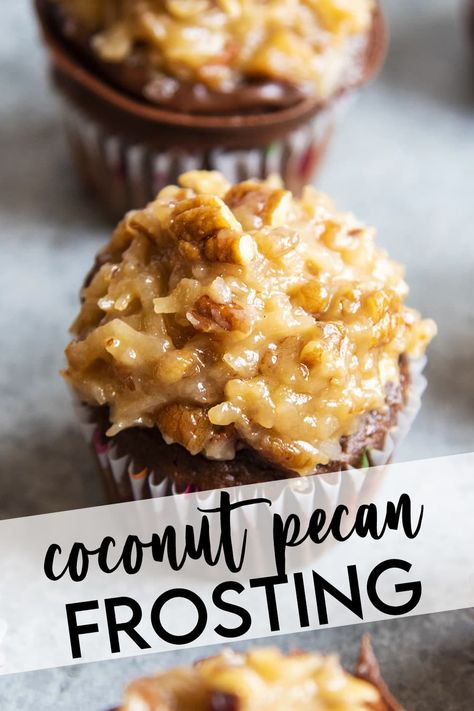 This coconut pecan frosting is a sweet, and buttery frosting loaded with coconut and pecans. It's a favorite frosting for German chocolate cake, and also tastes delicious on brownies, or cookies. Pecan Coconut Frosting, Frosting For German Chocolate Cake, Coconut Pecan Frosting Recipe, Coconut Pecan Icing, School Rolls, German Chocolate Icing, Cake Mix Recipes Homemade, Coconut Buttercream Frosting, Fruit Dips