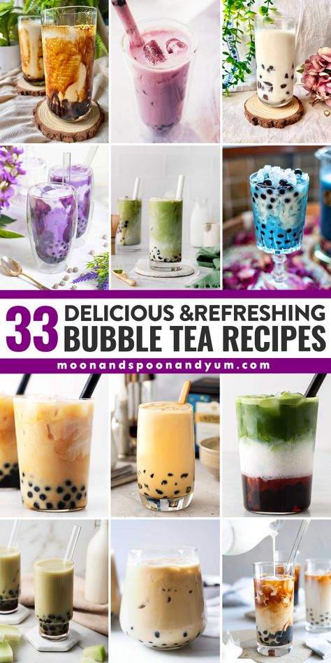 Discover 33 irresistible bubble tea recipes to make at home! From classic milk tea to exotic fruit flavors, learn how to create refreshing and delicious boba drinks for any occasion. Unique Boba Drinks, Boba Without Tea, Booba Tea Recipe, Boba Tea Recipe Easy, Bobo Tea Recipe, Milk Tea Recipes Homemade, Popping Boba Drink Ideas, Boba Refresher, Homemade Boba Tea Recipe