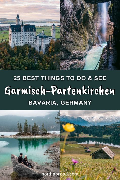 Are you travelling to Garmisch-Partenkirchen in Bavaria/Bayern? GaPa is a gem in Southern Germany with classic Bavarian houses (with murals), mountains everywhere (including Zugspitze), the famous Lake Eibsee, impressive gorges, lots of hiking options and amazing day trips to nearby castles and cute towns. In this comprehensive travel guide to Garmisch-Partenkirchen, you will find the best things to do and see (in both summer and winter), photo spots, when to visit, itinerary ideas, how long to stay, where to stay, where to eat, our best tips and many many pictures! #garmischpartenkirchen #bavaria #germany Places To See In Germany, Bavaria Germany Travel, Southern Germany Travel, Eibsee Germany, Zugspitze Germany, Garmisch Germany, Lake Eibsee, Germany Itinerary, Bavaria Travel