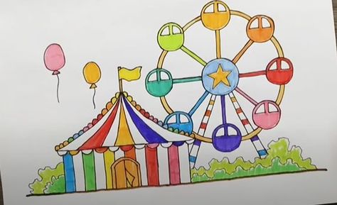 How to Draw a Carnival Step by Step Visit To The Fun Fair Drawing, Carnival Drawing Easy, Fair Drawings Easy, Fun Fair Drawing, Amusement Park Drawing, Carnival Drawing, Evs Project, Circus Wallpaper, Carnival Booths