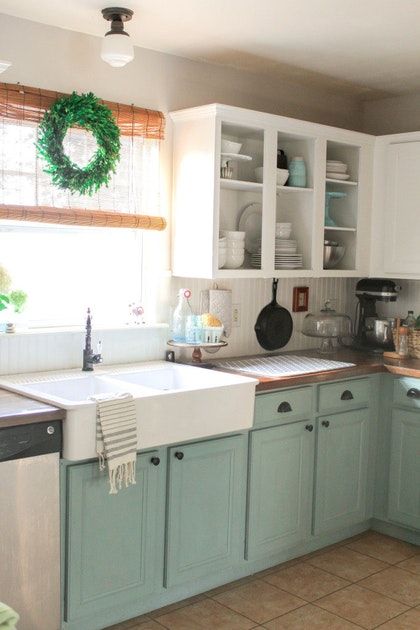 Robin's egg blue kitchen cabinets. Open shelving. Butcher block counters. Farmhouse sink. Dapur Rustic, Chalk Paint Kitchen Cabinets, Chalk Paint Kitchen, Rustic Farmhouse Kitchen Cabinets, Two Tone Kitchen Cabinets, Kabinet Dapur, Farmhouse Kitchen Cabinets, Decor Ikea, Rustic Farmhouse Kitchen