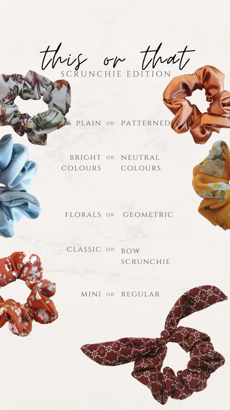 Scrunchie design, which type of scruchie is your favourite? Scrunchies Post Idea, Different Types Of Scrunchies, Types Of Scrunchies, Hair Forks, Diy Hair Scrunchies, Scrunchies Diy, Fashion Art Illustration, Photo Idea, Hand Work