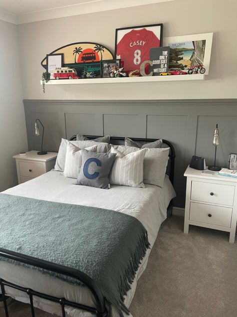 Boys Room Layout, Boys Bedroom Double Bed, Boys Double Bedroom Ideas, Boys Bedroom Tv Wall, Boys Bedroom Panelling, Boy Small Bedroom Ideas, Teen Boys Room Double Bed, Panelling Boys Bedroom, Farrow And Ball Boys Bedroom