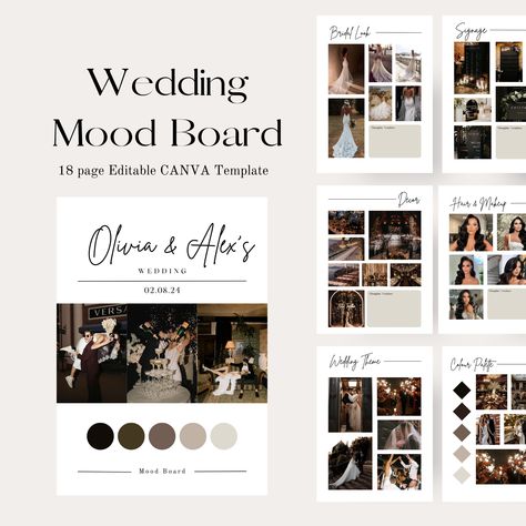 This Wedding Inspo Mood Board template can help bring your wedding vision to life. This template is a great way to organize your ideas for yourself, your partner, family and vendors! Use Canva to easily drag and add your pictures to this wedding mood board template. A thoughts/vendor section is included in most pages where brainstorming and ideas may need to be noted down. Images/pictures, background colour, palette colour, text, fonts, are all fully editable to create the perfect mood board for you!  This Wedding Mood Board includes the following pages - Cover page - Wedding Theme  - Colour Platte - Invitations  - Bridal Look  - Bridal Accessories  - Hair and Makeup  - Groom  - Bridesmaids  - Groomsmen - Venue  - Decor  - Ceremony  - Florals  - Signage  - Cocktail  - Menu  - Cake  - Favou Wedding Reception Mood Board, Wedding Vision Board Ideas Brides, Wedding Theme Mood Board, Wedding Mood Board Template, Bridesmaid Mood Board, Mood Board Wedding Inspiration, Black White Champagne Wedding, Wedding Vision Board Ideas, Event Mood Board