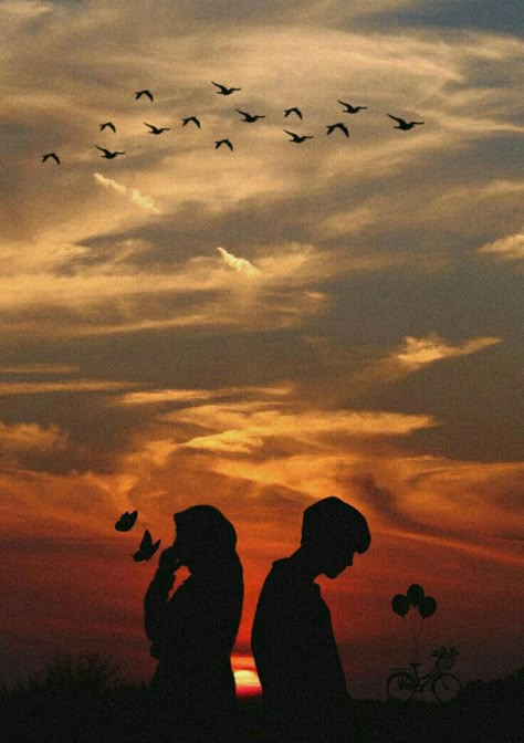 Bayangan Aesthetic Couple, Sunset Couple Aesthetic, Aesthetic Couple Wallpaper, Couple Sunset, Futurisme Retro, Romantic Wallpaper, Cover Wattpad, Hijab Aesthetic, Shadow Pictures