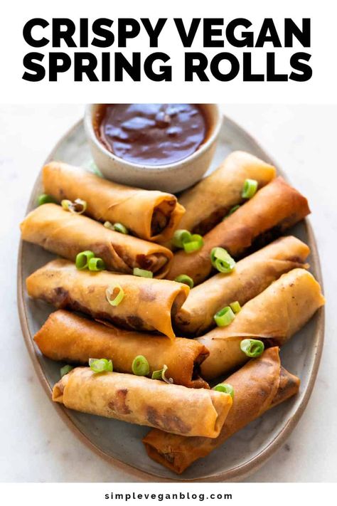 Make Crispy Vegan Spring Rolls at home in just 30 minutes with 9 simple ingredients! These rolls are super crispy and golden, filled with delicious veggies, way better than greasy takeout. #VeganRecipes #SpringRolls #HealthyEating #EasyMeals #PlantBased Easy Spring Rolls Recipe, Vegetarian Sushi Rolls, Deli Recipes, Vegetarian Spring Rolls, Veggie Rolls, Vegan Meat Recipe, Vegan Spring Rolls, Veggie Spring Rolls, Vegan Appetizers Recipes