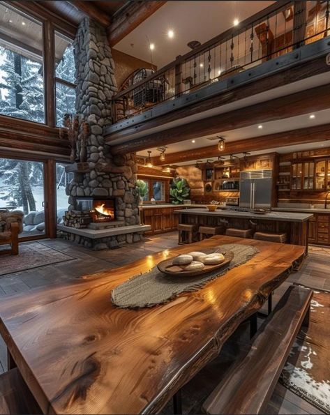 Mountain House Dining Room, Mountain Lodge Interior, Lodge Dining Room, Cabin Mansion, Log Home Kitchens, Mountain Dream Homes, Rustic Cabins, Luxury Log Cabins, Lodge Homes