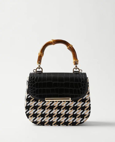 Bamboo Handle Houndstooth Bag | Ann Taylor Houndstooth Bag, Stylish Handbags, Bamboo Handles, Clutch Bags, Dresses Pants, Women's Handbags, Crochet Purses, Yellow Fashion, Louis Vuitton Damier