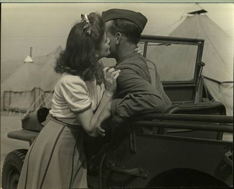 This is from an issue of Life magazine, the March 2 1942 issue, and the woman photographed is Marilyn Hare. She was working with the USO to kiss GIs on the base in an effort to raise morale ~ Old Fashioned Love, Vintage Kiss, Vintage Couples, Sweet Kisses, Vintage Romance, Old Love, Bang Bang, 인물 사진, Vintage Pictures