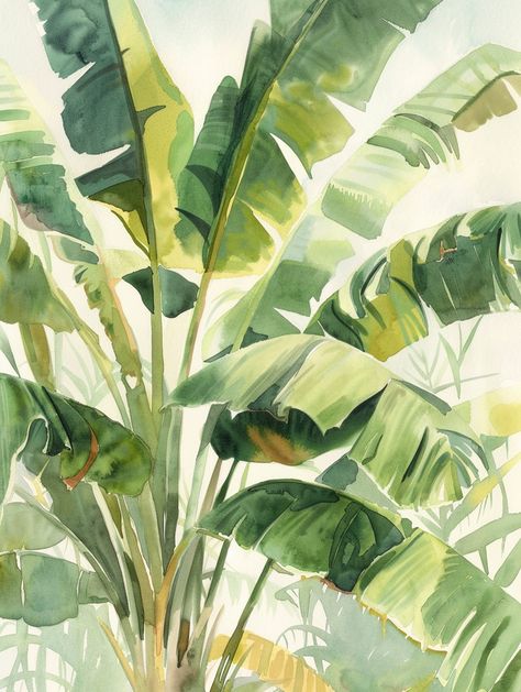 Watercolour of Banana Tree and Palm Fronds Watercolor Banana Tree, Banana Leaf Artwork, Banana Tree Watercolor, Banana Palm Tree, Banana Drawing, Watercolor Palm Tree, Banana Leaf Tree, Palm Tree Drawing, Inspirational Digital Art