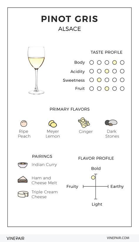 An Illustrated Guide to Pinot Gris from Alsace #infographic #wine #pairing Wine Chart, Wine Facts, Wine Tasting Notes, Wine Flavors, Wine Knowledge, Wine Varietals, Wine Education, Wine Pairings, Wine Tasting Party