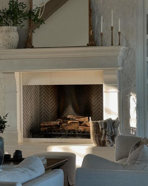 Grand Millenial Fireplace, Classic Fireplace Mantle, Old Money Fireplace, Raised Fireplace Hearth, Precast Fireplace, Traditional Fireplace Surround, Classic Fireplace, Small Fireplace, White Fireplace