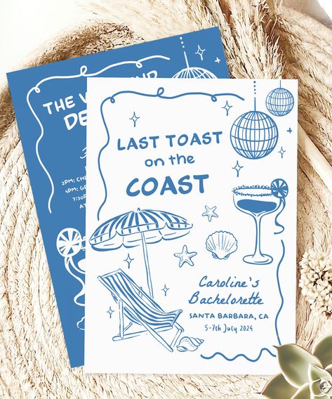 ⭐ You will love this Editable Beach Bachelorette Party Invitation Template ! ⭐ A Pool Bachelorette Party Invitation Template! This Last Toast On The Coast Bachelorette Party Invitation template is editable via Canva. Edit and customize all wording, font styles, colors to match your event style. Start crafting your perfect invitation today to set the stage for an unforgettable Beach Bachelorette Party celebration. ♡ You will receive a link to edit your digital design, no printed items will be shi Pool Bachelorette, Coast Bachelorette Party, Toast On The Coast Bachelorette, Bachelorette Pool Party, Last Toast On The Coast, Toast On The Coast, Beach Bachelorette Party, Bachelorette Weekend Invitations, Bachelorette Itinerary