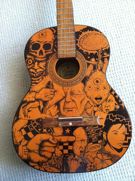 Sharpie Guitar Kelly Parra Wood Ink Pen Guitar Body Art, Acoustic Guitar Design Ideas, Painted Guitar Acoustic, Painted Acoustic Guitar, Hand Painted Guitar, Painting Guitar, Acoustic Guitar Art, Painted Guitar, Ukulele Design