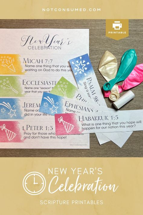 Celebrate the New Year by recalling the goodness of God through every year! Print out these beautifully designed Scripture strips and read the verses together to be encouraged in the Truth of God's Word. Make meaningful memories of New Years Eve as a family! Perfect for Christian families! New Year Scripture, Family Fun Dinner, Agape Ideas, New Years Celebration, Ladies Group, Christmas Bulletin, Homeschool Elementary, Making A Vision Board, Family Fun Night