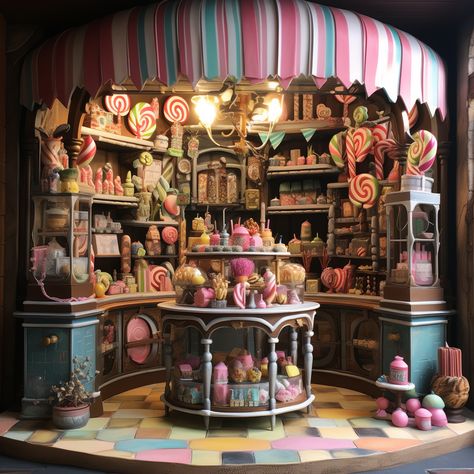 Plasticine Miniature Candy Store, Striped details Miniature Candy Shop, Santa Workshop Dollhouse, Miniature Toy Store, Miniature Bakery Shop, Miniature Toy Shop Doll Houses, Miniature Candy, Dollhouse Inspiration, Mini Stuff, Dollhouse Miniature Tutorials