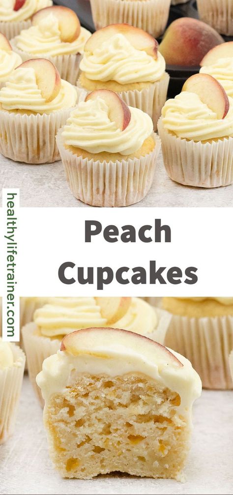 A quick and easy homemade peach cupcakes are just about what you need during a summery afternoon and chilly wintery midday. Peach cupcakes are filled with gooey fresh peach filling and baked with vanilla extract, and buttermilk to mention a few. #peachcupcakes #easycupcakerecipe #cupcakerecipes Peaches And Cream Cupcakes, Cupcake Frosting Tips, Peaches Cream Cheese, Cinnamon Frosting, Peach Cupcakes, Peach Compote, Frosting Tips, Peach Cream, Summer Dessert Recipes