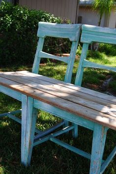 How To Make a Chair Bench - REASONS TO SKIP THE HOUSEWORK Vintage Garden Ideas, Homemade Bench, Boho Chair, Ikea Chair, Chair Makeover, Old Chairs, Old Chair, Diy Bench, Painted Chairs