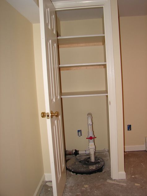 Sump pump closet | Now we have shelves too | John Overhiser Jr. | Flickr Sump Pump Closet, Basement Remodel Diy, Basement Laundry, Basement Inspiration, Diy Basement, Basement Storage, Basement Apartment, Small Basements, Basement Makeover